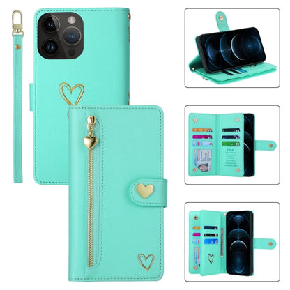 Pour iPhone 12 Pro Max POLA Love Étui portefeuille en cuir avec fentes pour plusieurs cartes et fermeture éclair (vert clair)