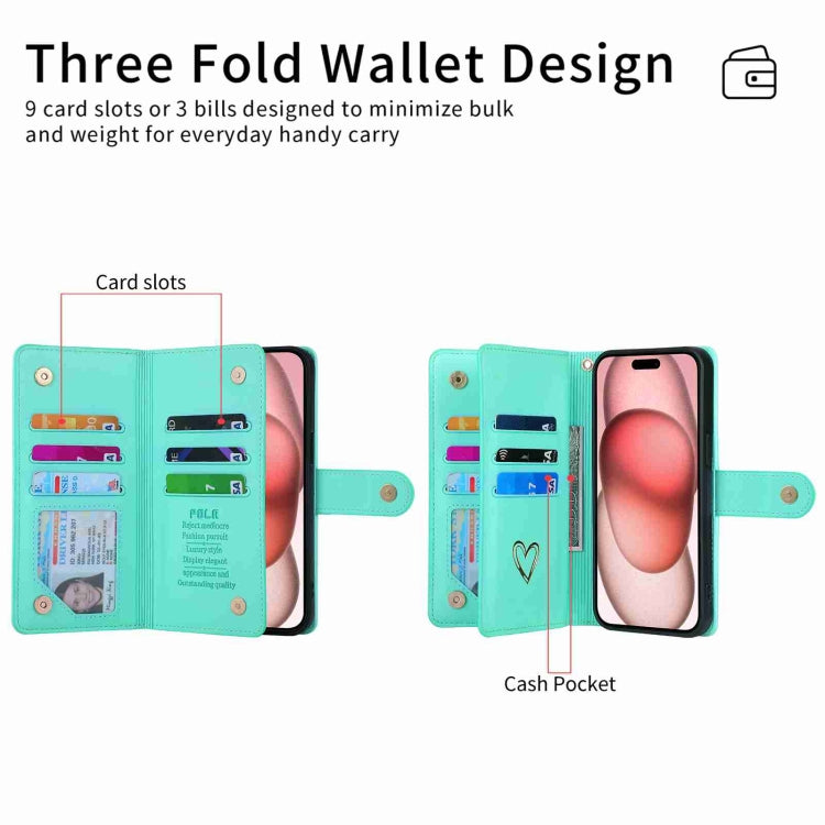 Pour iPhone 12 Pro Max POLA Love Étui portefeuille en cuir avec fentes pour plusieurs cartes et fermeture éclair (vert clair)