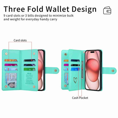Pour iPhone 12 Pro Max POLA Love Étui portefeuille en cuir avec fentes pour plusieurs cartes et fermeture éclair (vert clair)