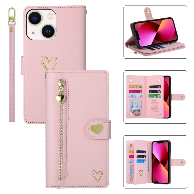 Pour iPhone 13, Étui portefeuille en cuir avec fermeture éclair et emplacements multiples pour cartes POLA Love (Rose)