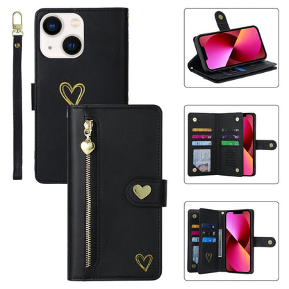 For iPhone 13 POLA Love Multi-Card Slots Zipper Wallet Leather Phone Case(Black)