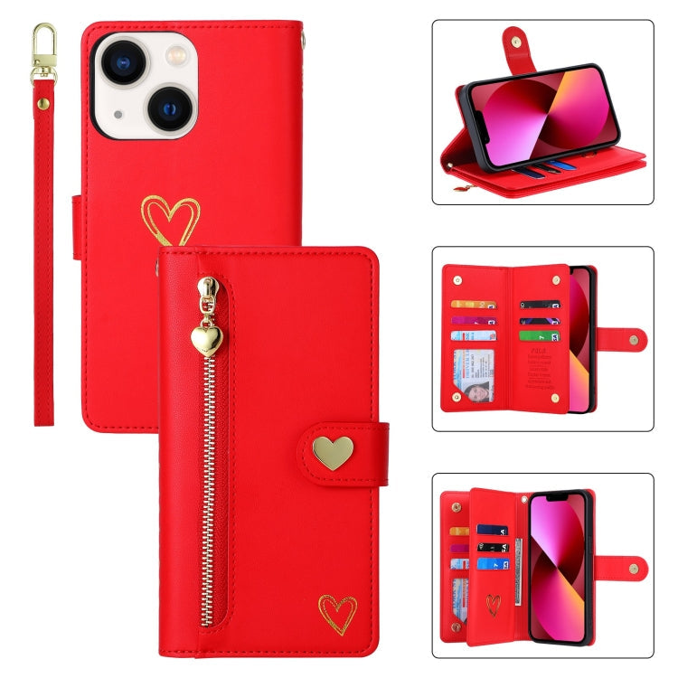 For iPhone 13 POLA Love Multi-Card Slots Zipper Wallet Leather Phone Case(Red)