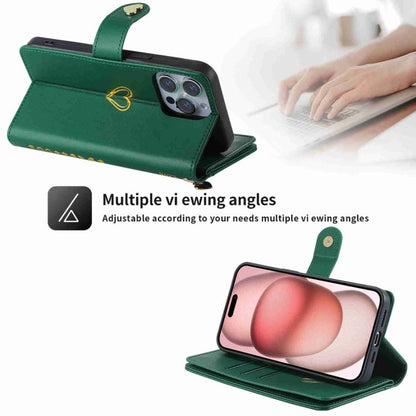 For iPhone 13 POLA Love Multi-Card Slots Zipper Wallet Leather Phone Case(Dark Green)
