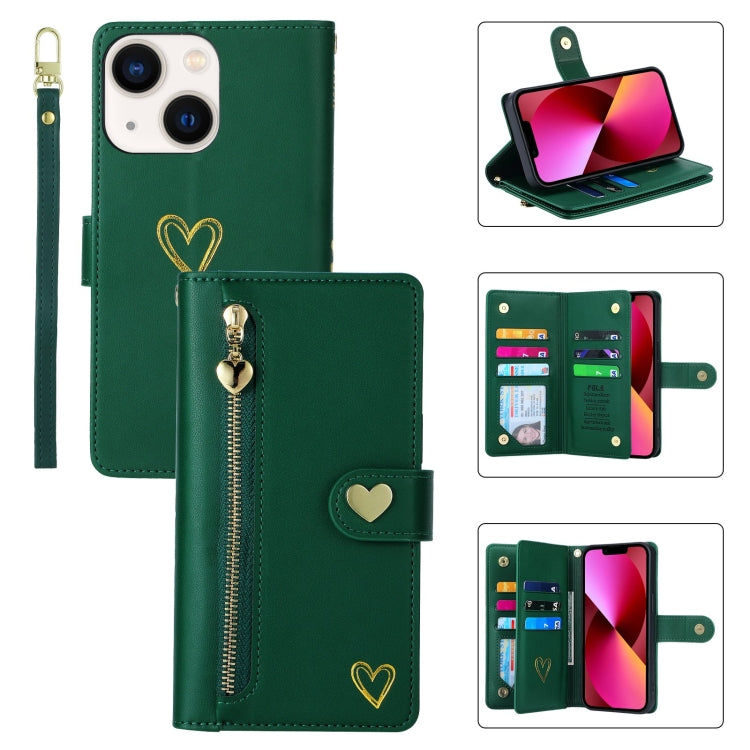 For iPhone 13 POLA Love Multi-Card Slots Zipper Wallet Leather Phone Case(Dark Green)