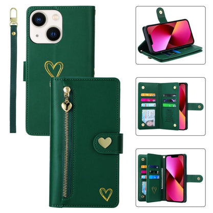 For iPhone 13 POLA Love Multi-Card Slots Zipper Wallet Leather Phone Case(Dark Green)