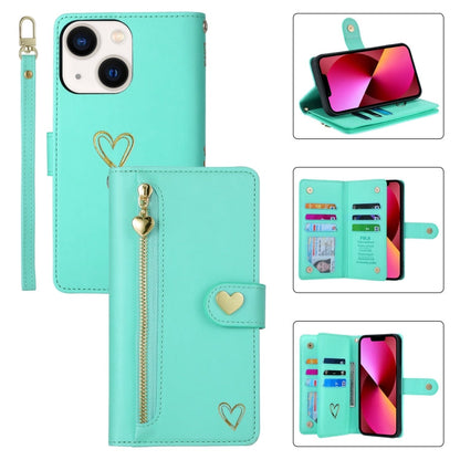 For iPhone 13 POLA Love Multi-Card Slots Zipper Wallet Leather Phone Case(Light Green)