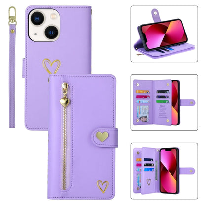 For iPhone 13 POLA Love Multi-Card Slots Zipper Wallet Leather Phone Case(Purple)