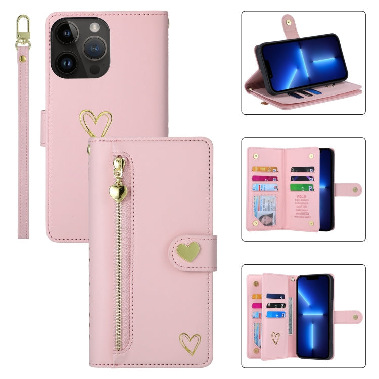 For iPhone 13 Pro POLA Love Multi-Card Slots Zipper Wallet Leather Phone Case(Pink)