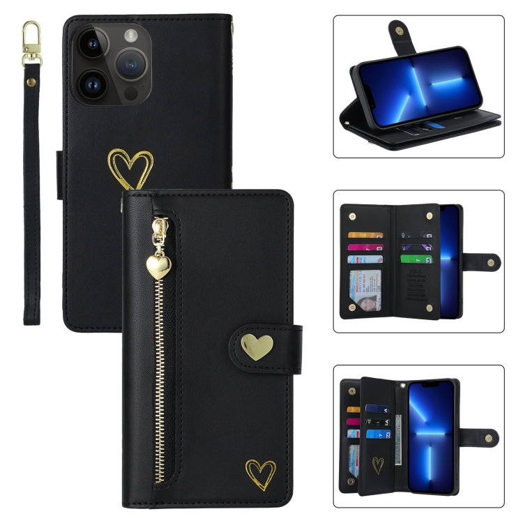 Pour iPhone 13 Pro POLA Love Étui portefeuille en cuir à fermeture éclair multi-cartes (noir)