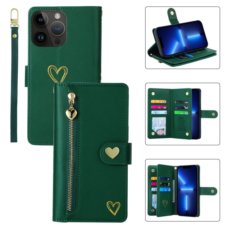 For iPhone 13 Pro POLA Love Multi-Card Slots Zipper Wallet Leather Phone Case(Dark Green)