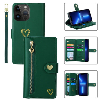 For iPhone 13 Pro POLA Love Multi-Card Slots Zipper Wallet Leather Phone Case(Dark Green)