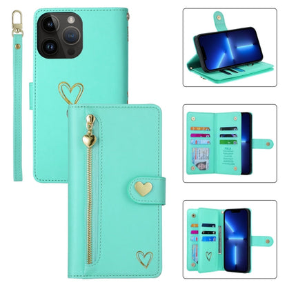 Pour iPhone 13 Pro POLA Love Étui portefeuille en cuir avec fentes multiples et fermeture éclair (Vert clair)