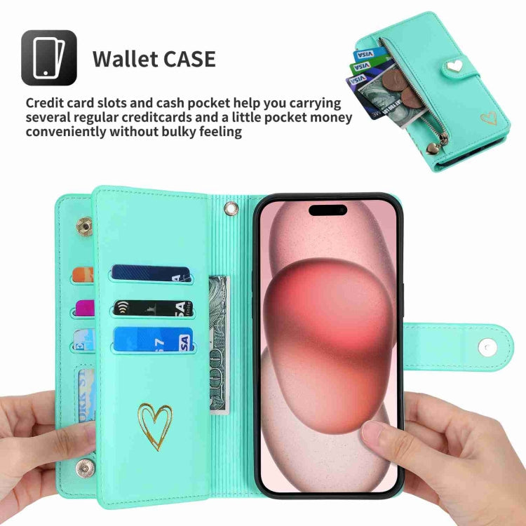 Pour iPhone 13 Pro POLA Love Étui portefeuille en cuir avec fentes multiples et fermeture éclair (Vert clair)