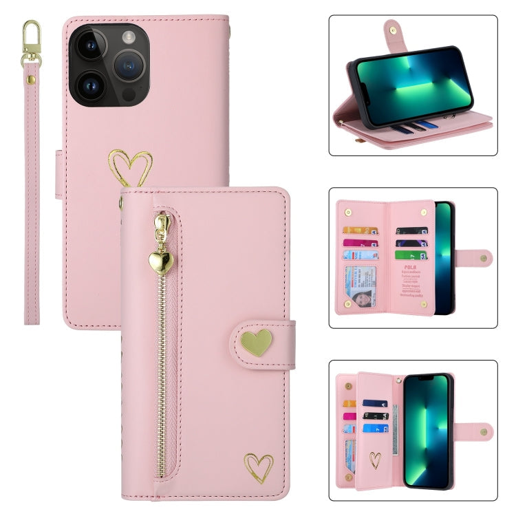 For iPhone 13 Pro Max POLA Love Multi-Card Slots Zipper Wallet Leather Phone Case(Pink)