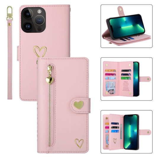 Pour iPhone 13 Pro Max POLA Love Étui portefeuille en cuir avec fermeture éclair et emplacements multi-cartes (rose)
