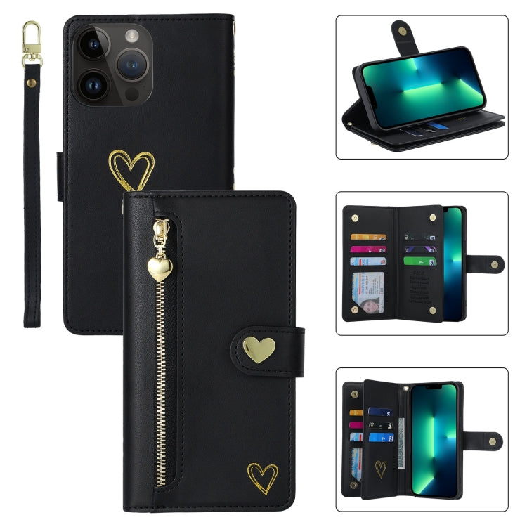 For iPhone 13 Pro Max POLA Love Multi-Card Slots Zipper Wallet Leather Phone Case(Black)