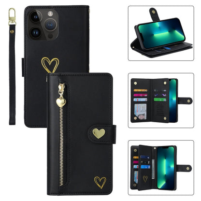 For iPhone 13 Pro Max POLA Love Multi-Card Slots Zipper Wallet Leather Phone Case(Black)
