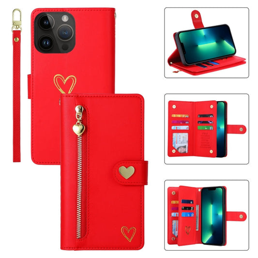 Pour iPhone 13 Pro Max Étui portefeuille en cuir POLA Love Multi-emplacements pour cartes avec fermeture éclair (rouge)
