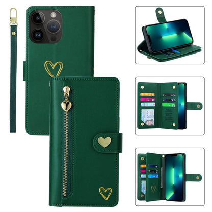 For iPhone 13 Pro Max POLA Love Multi-Card Slots Zipper Wallet Leather Phone Case(Dark Green)