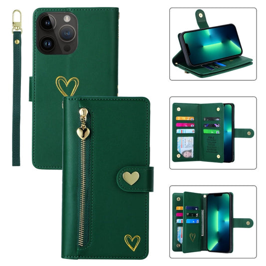 Pour iPhone 13 Pro Max POLA Love Étui portefeuille en cuir avec fentes pour cartes multiples et fermeture éclair (Vert foncé)