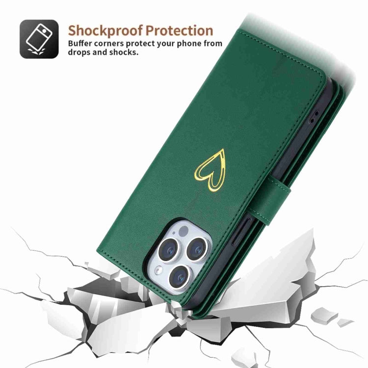 For iPhone 13 Pro Max POLA Love Multi-Card Slots Zipper Wallet Leather Phone Case(Dark Green)