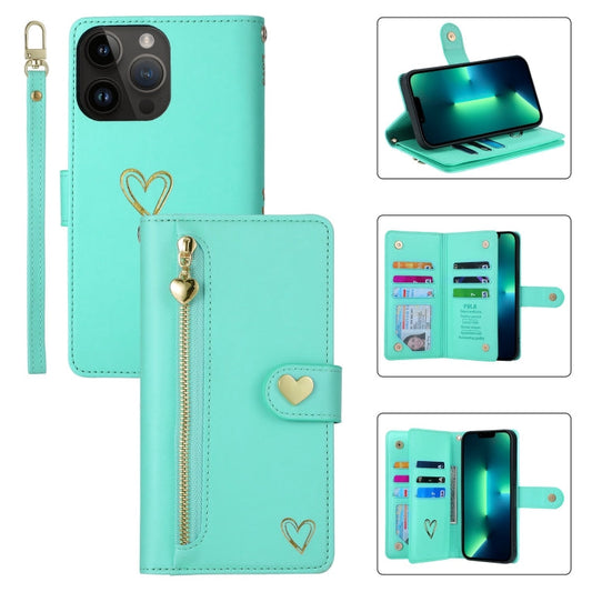 Pour iPhone 13 Pro Max POLA Love Étui portefeuille en cuir avec fermeture éclair et emplacements multi-cartes (Vert clair)