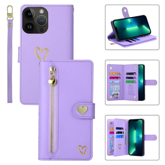 Pour iPhone 13 Pro Max POLA Love Étui portefeuille en cuir avec fente pour plusieurs cartes et fermeture éclair (violet)