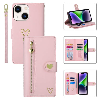 Pour iPhone 14 Étui portefeuille en cuir avec fermeture éclair et fentes multiples pour cartes, motif cœur (rose)