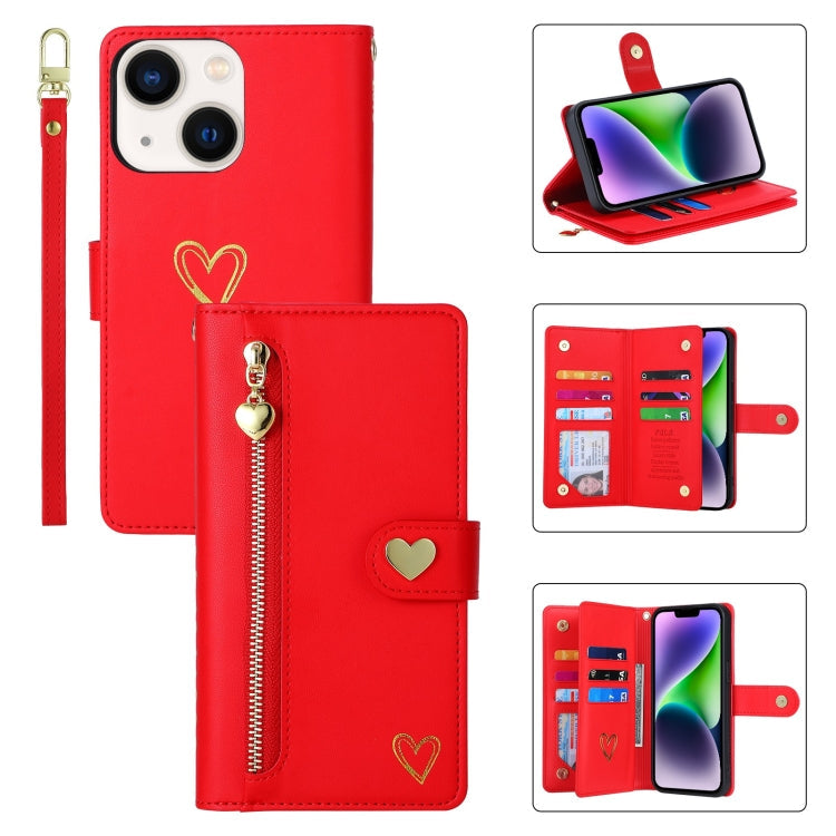 For iPhone 14 POLA Love Multi-Card Slots Zipper Wallet Leather Phone Case(Red)
