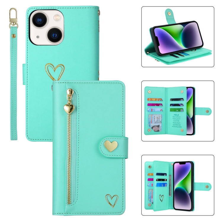 For iPhone 14 POLA Love Multi-Card Slots Zipper Wallet Leather Phone Case(Light Green)