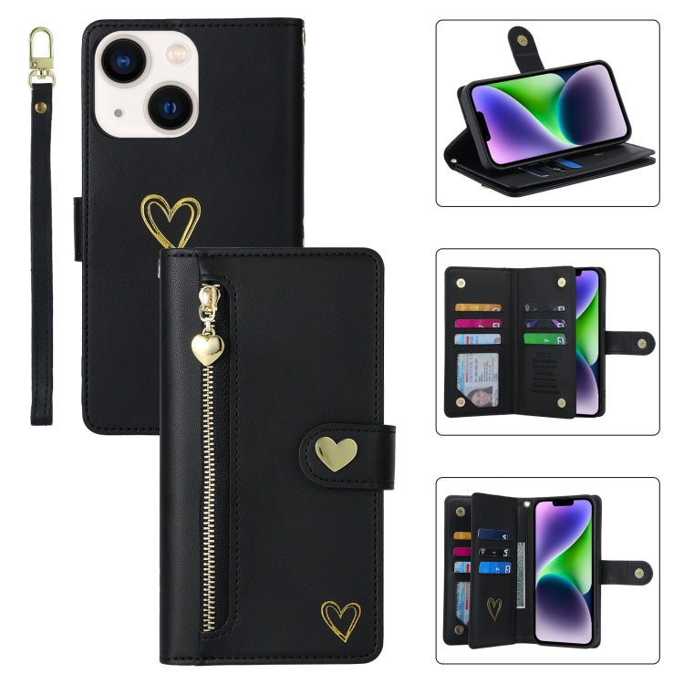 For iPhone 14 Plus POLA Love Multi-Card Slots Zipper Wallet Leather Phone Case(Black)