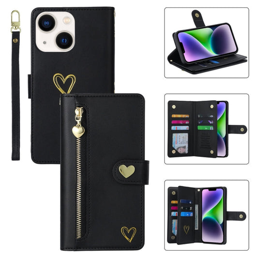 Pour iPhone 14 Plus Étui portefeuille en cuir avec fermeture éclair et emplacements multiples pour cartes POLA Love (Noir)
