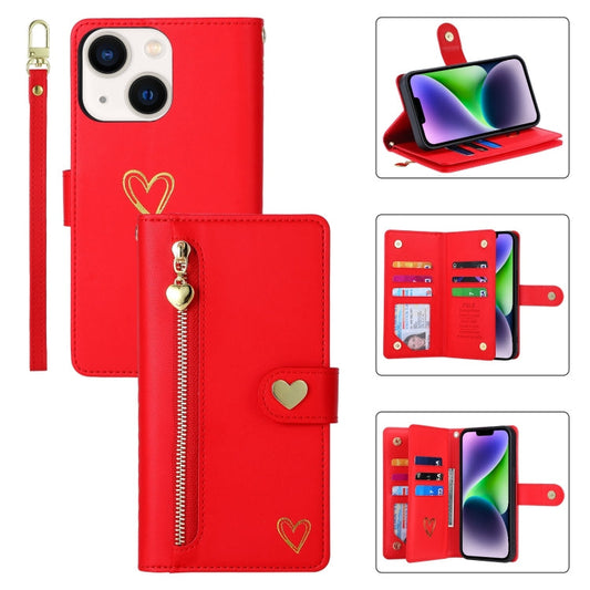 Pour iPhone 14 Plus Étui portefeuille en cuir avec fermeture éclair et emplacements multi-cartes POLA Love (Rouge)