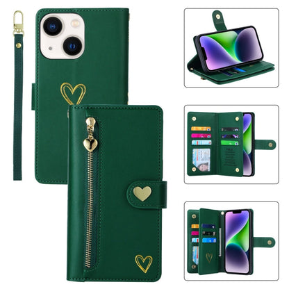 For iPhone 14 Plus POLA Love Multi-Card Slots Zipper Wallet Leather Phone Case(Dark Green)