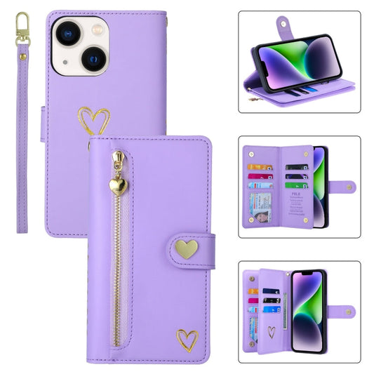 Pour iPhone 14 Plus Étui portefeuille en cuir POLA Love à fermeture éclair avec plusieurs emplacements pour cartes (violet)