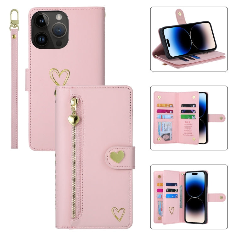 For iPhone 14 Pro POLA Love Multi-Card Slots Zipper Wallet Leather Phone Case(Pink)