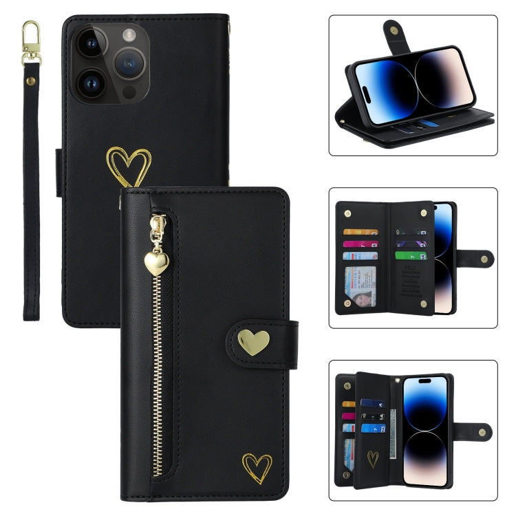 Pour iPhone 14 Pro POLA Love Étui portefeuille en cuir à fermeture éclair multi-cartes (noir)