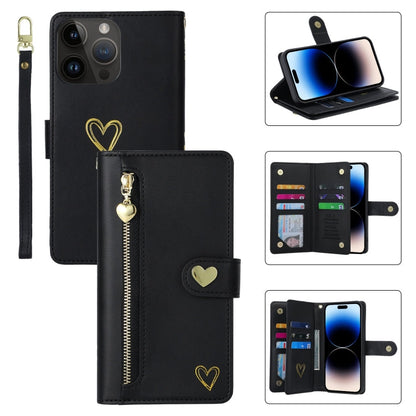 Pour iPhone 14 Pro POLA Love Étui portefeuille en cuir à fermeture éclair multi-cartes (noir)