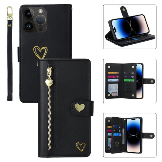 For iPhone 14 Pro POLA Love Multi-Card Slots Zipper Wallet Leather Phone Case(Black)
