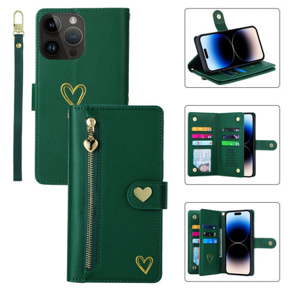 For iPhone 14 Pro POLA Love Multi-Card Slots Zipper Wallet Leather Phone Case(Dark Green)
