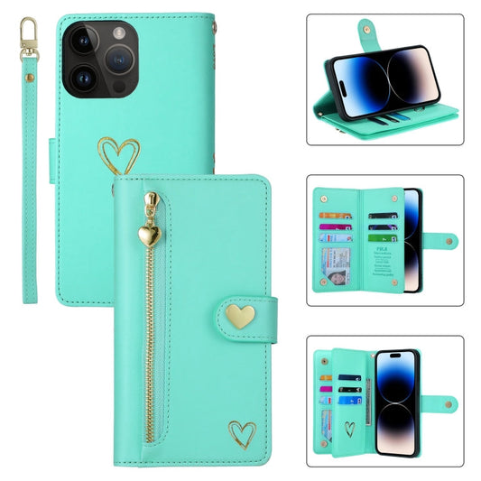 For iPhone 14 Pro POLA Love Multi-Card Slots Zipper Wallet Leather Phone Case(Light Green)