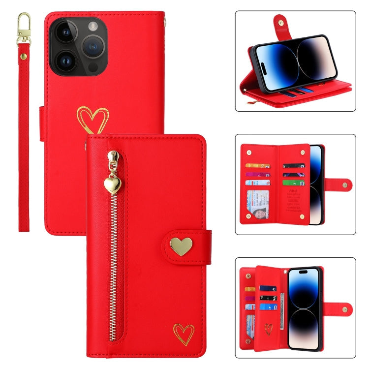 For iPhone 14 Pro Max POLA Love Multi-Card Slots Zipper Wallet Leather Phone Case(Red)