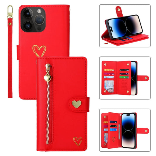 Pour iPhone 14 Pro Max Étui de téléphone en cuir avec porte-cartes multiples et fermeture éclair POLA Love (Rouge)
