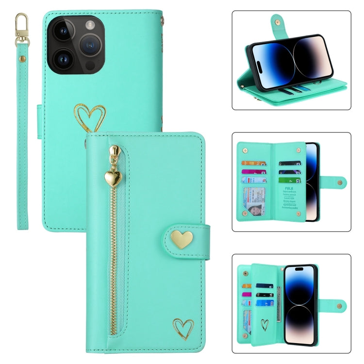 For iPhone 14 Pro Max POLA Love Multi-Card Slots Zipper Wallet Leather Phone Case(Light Green)