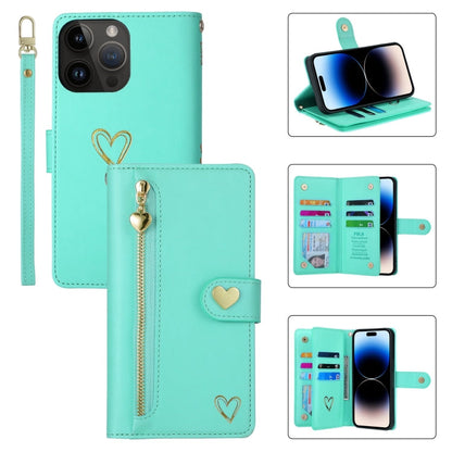 For iPhone 14 Pro Max POLA Love Multi-Card Slots Zipper Wallet Leather Phone Case(Light Green)