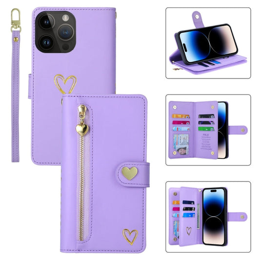 Pour iPhone 14 Pro Max POLA Amour Multi-fentes Fermeture éclair Portefeuille Cuir Étui de Téléphone (Violet)