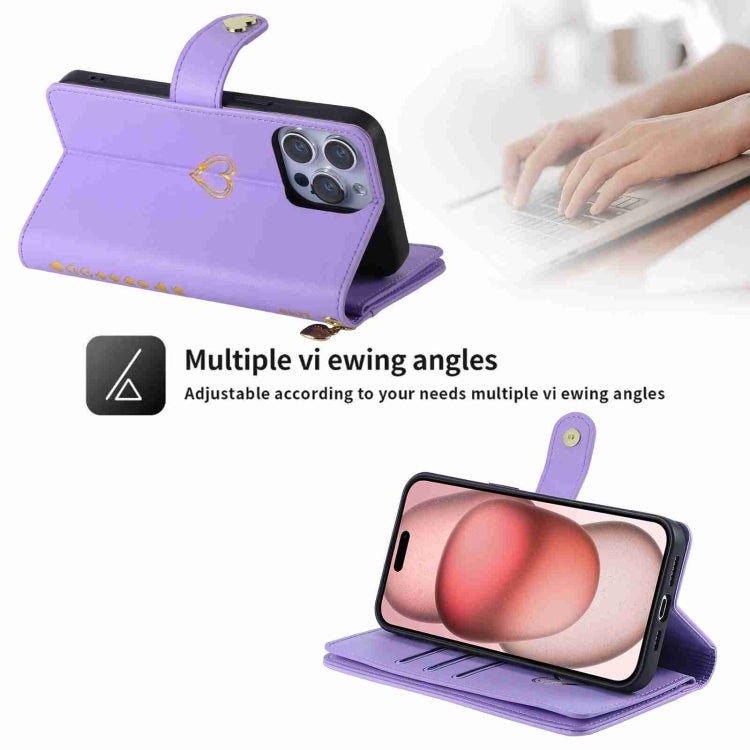 For iPhone 14 Pro Max POLA Love Multi-Card Slots Zipper Wallet Leather Phone Case(Purple)