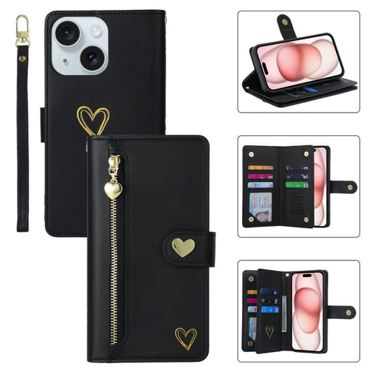 For iPhone 15 POLA Love Multi-Card Slots Zipper Wallet Leather Phone Case(Black)