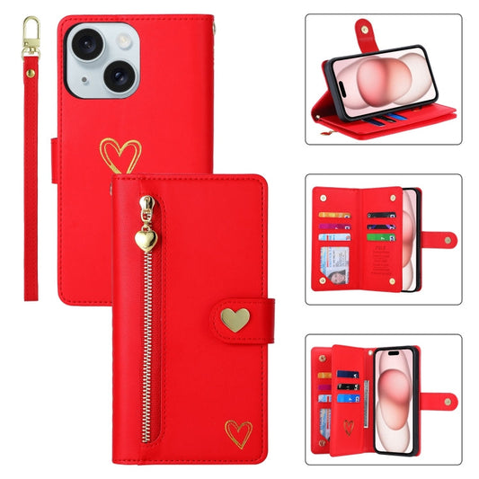 For iPhone 15 POLA Love Multi-Card Slots Zipper Wallet Leather Phone Case(Red)
