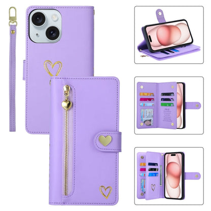 For iPhone 15 POLA Love Multi-Card Slots Zipper Wallet Leather Phone Case(Purple)